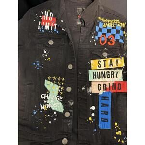 Copper Rivet inspirational stay hungry, grind denim jacket black medium